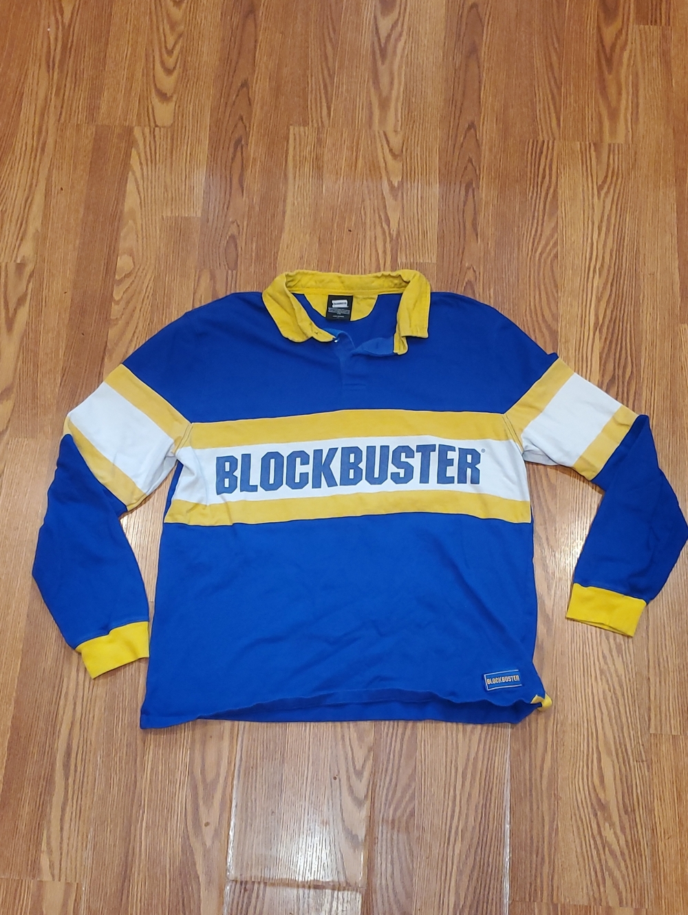 Vintage Blockbuster Employee Long Sleeve Polo Shirt - Blue & Yellow